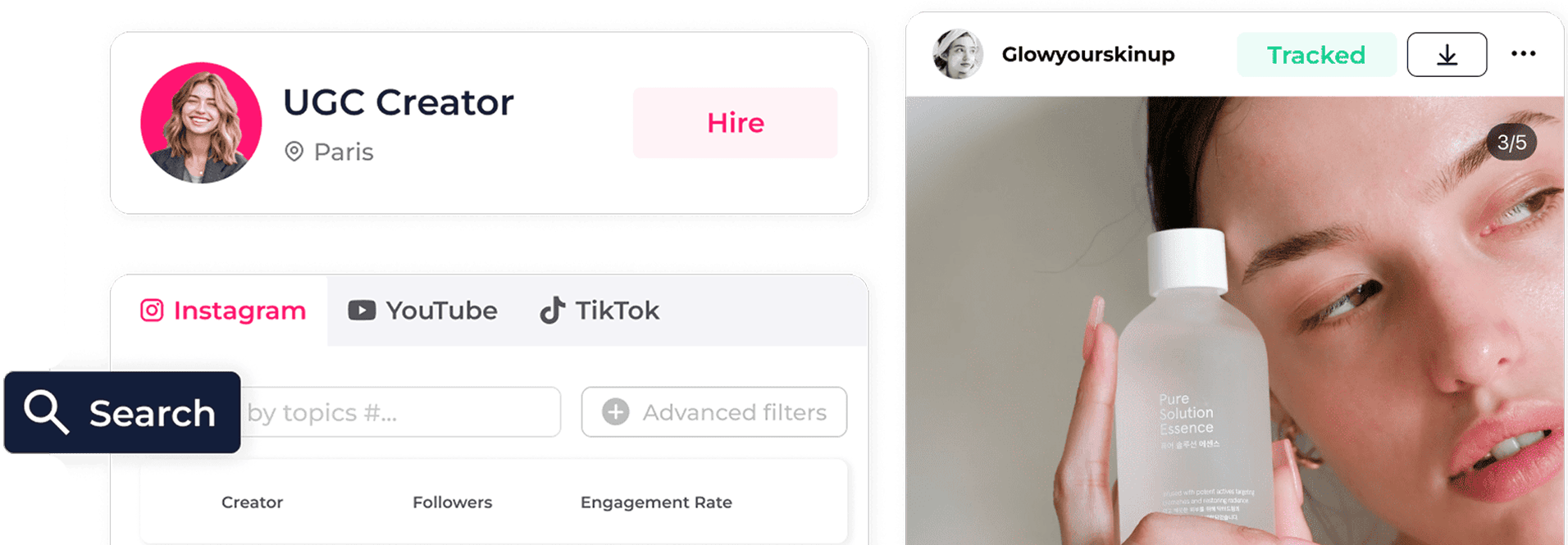Creator search UI preview — search creators, hire UGC talent, track campaigns