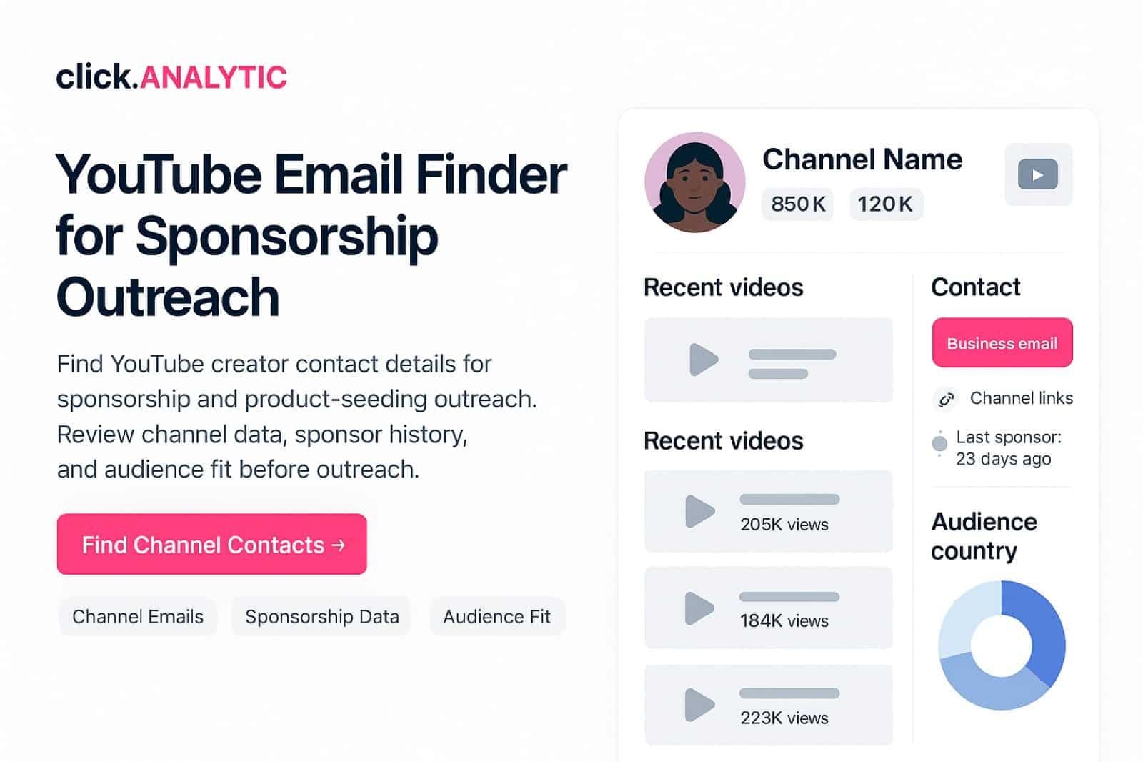 ClickAnalytic YouTube email finder showing channel profiles, verified contacts, subscriber metrics, and export options.